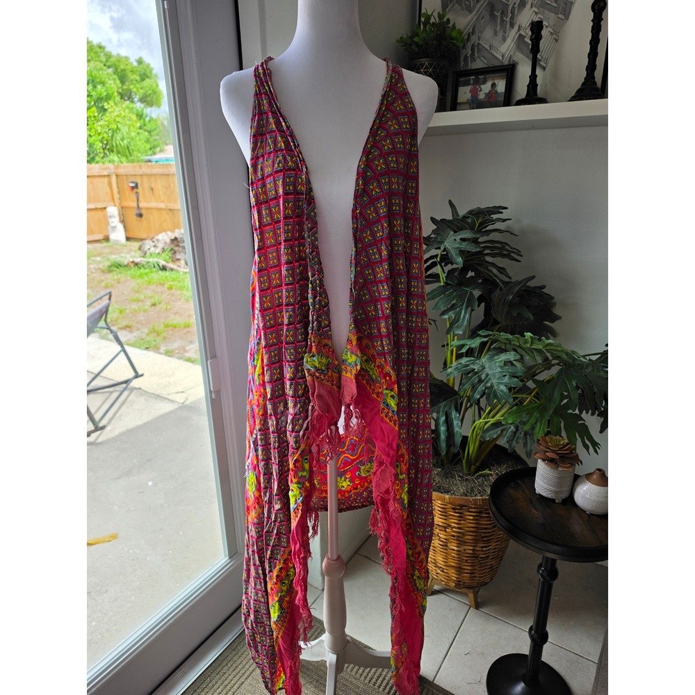 Pink Boho Elephant Sequin Open Front Vest Racerback Fringe Trim Festival Layer